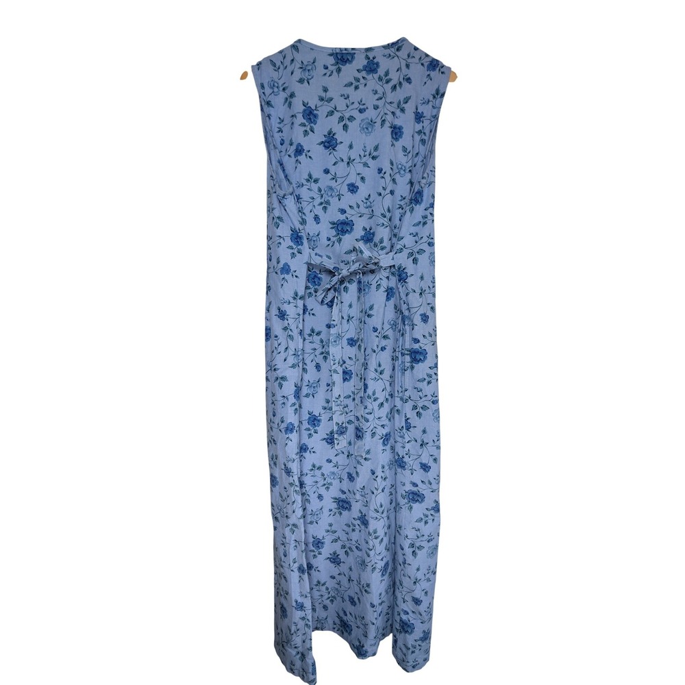 CAPACITY Vintage 90s Blue Floral Cotton Sleeveless Button Front Midi Dress M - Picture 2 of 8